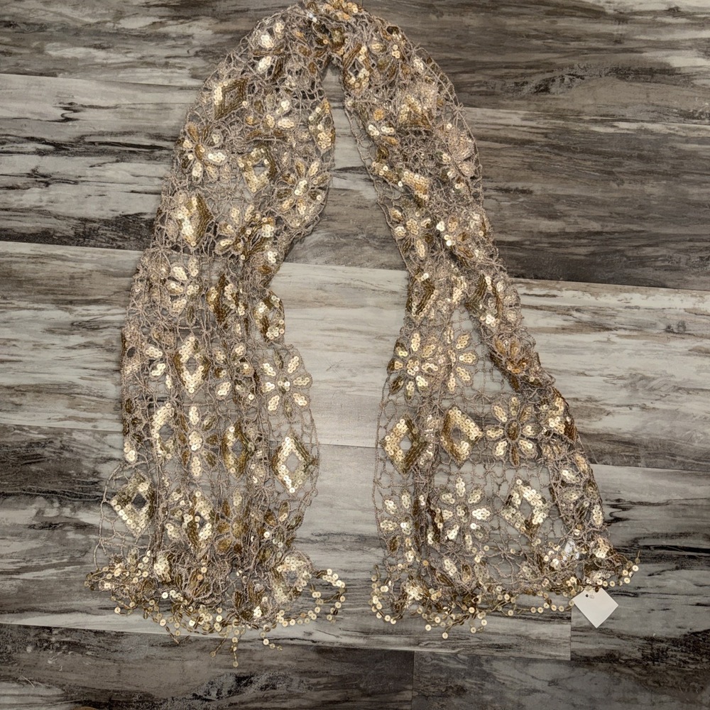Tan Gold Sequin Swag Drape Accent Decor Lace Shawl Scarf Tablecloth Runner 68x18